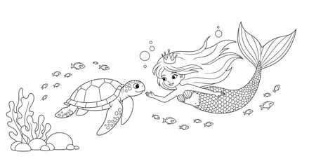 Enchanting coloring page of a cute mermaid princess with a crown swimming underwater with a friendly sea turtle and fish.