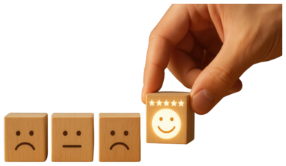 Hand placing a wooden block with a glowing happy face and five stars on white background cube isolated on a transparent background