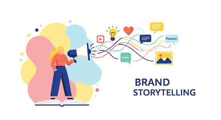 Effective Brand Storytelling with Female Spokesperson Communicating Passion and Creativity to Audience Through Megaphone Standing on a Book of Knowledge Revealing Innovative Ideas