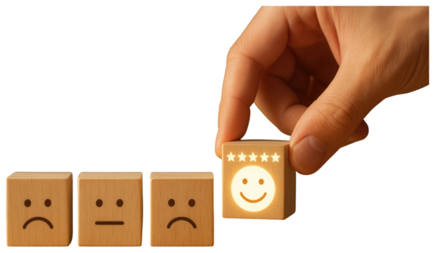 Hand placing a wooden block with a glowing happy face and five stars on white background cube isolated on a transparent background - Powered by Adobe