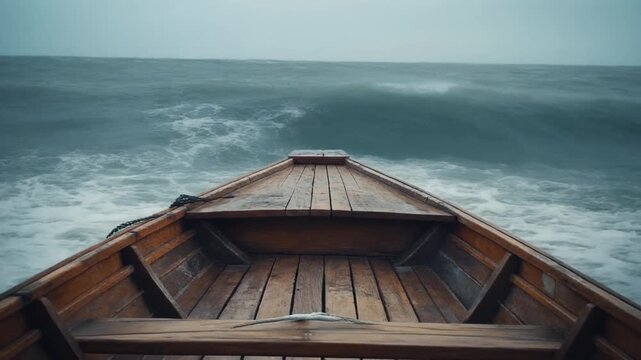 An old wooden boat navigating through turbulent waves, creating a sense of adventure and the sea