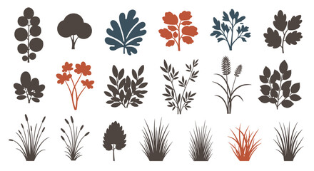 Naklejka premium A diverse set of stylized plant and bush silhouettes in various shapes and colors for landscape design and decoration.