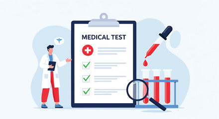 Medical professional explaining test results with blood samples on a clipboard showing completed checks a doctor discussing diagnosis and healthcare with a magnifying glass for detailed analysis
