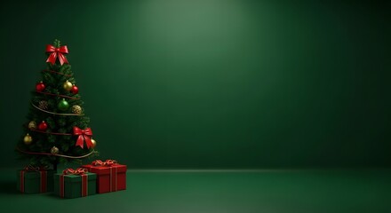 Decorated Christmas Tree with Red and Gold Ornaments, Gift Boxes, and Bows on Dark Green Background