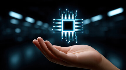 Ai chip in hand as human mind metaphor glowing microchip technology concept