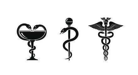 Medical Symbols Set for Healthcare and Pharmaceutical Concepts Featuring Asclepius Staff and Hygieia Bowl Illustrations and Their Symbolic Meanings in Health and Medicine Fields