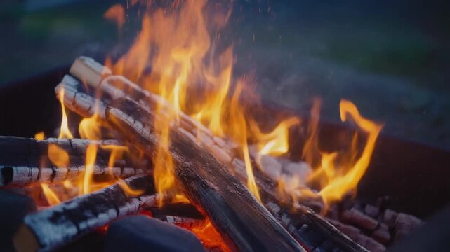 A close-up shot of a blazing fire, with flames leaping around wooden logs, creating a warm and inviting atmosphere. The logs are burning intensely, with fiery red, orange, and yellow hues