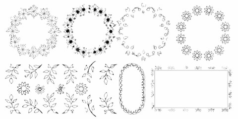 Hand drawn floral frames and elements in black and white