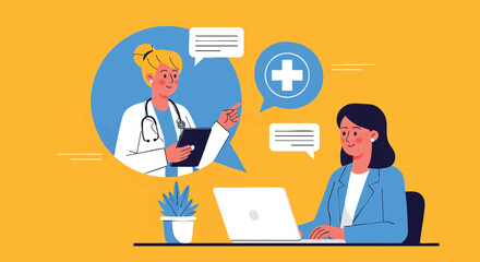 Online medical consultation vector illustration showcasing a woman talking to her doctor through a video call for healthcare advice and digital health management during a telemedicine session