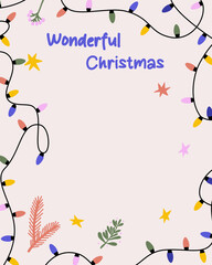 Christmas card with garland and winter elements. Vector illustration for decor, prints, and posters