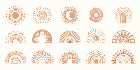 Boho sun and rainbow vector set in warm neutral tones