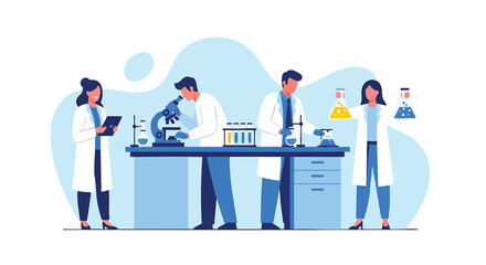 Scientific Research Team Conducts Experiments in Laboratory Illustration Shows Doctors Scientists Analyzing Data and Handling Chemical Substances for Medical Advancements and Innovative Discoveries