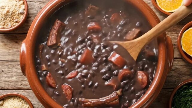 Hearty feijoada being stirred with a ladle, close-up