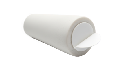 White cylindrical foam roller with partially peeled adhesive pad—used for cushioning, insulation, or mounting in industrial or packaging applications