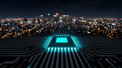 Ai chip in hand with data stream glow in futuristic cityscape background