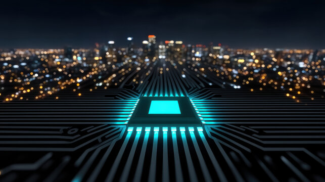 Ai chip in hand with data stream glow in futuristic cityscape background