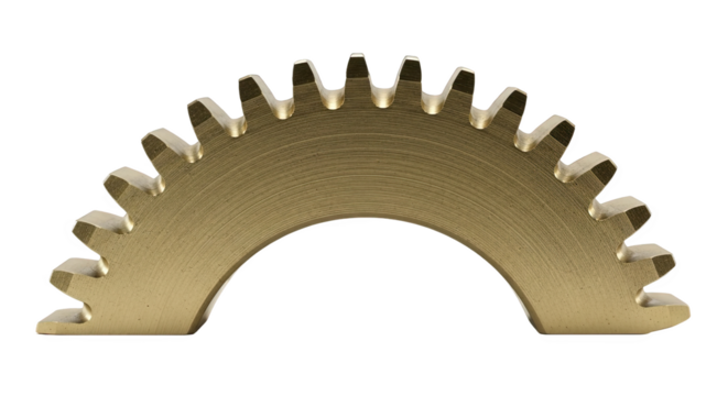 Half-circle brass gear segment with evenly spaced teeth—precision-machined for transferring rotational motion in mechanical or industrial systems