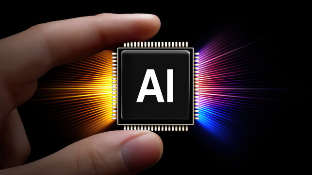 Ai chip in hand with data stream glow creates futuristic technology concept with colorful light rays