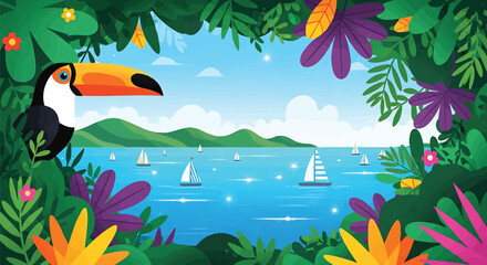 Tropical paradise scene with toucan bird framed by lush jungle foliage overlooking ocean with sailboats and distant hills providing a vibrant colorful vector illustration