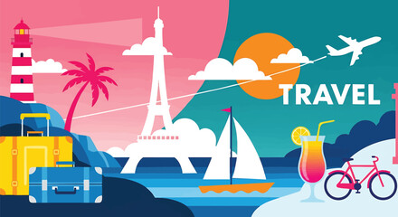 Vibrant Travel Destination Collage Featuring Iconic Landmarks and Leisure Activities Promoting Global Tourism and Adventure for Vacation Planning and Destination Inspiration