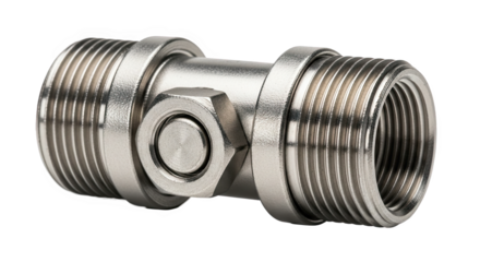Metal pipe fitting with threaded ends and central hex nut—used in plumbing or mechanical systems for secure fluid or gas connections