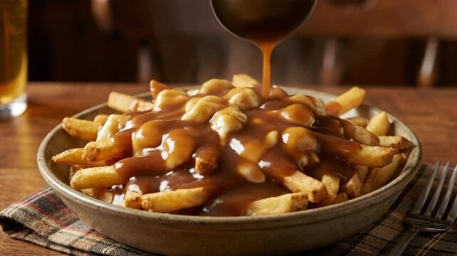 Pouring savory gravy onto hot poutine in a rustic setting.