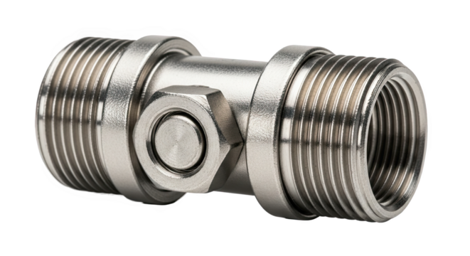 Metal pipe fitting with threaded ends and central hex nut—used in plumbing or mechanical systems for secure fluid or gas connections