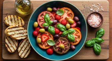Fresh colorful salad with tomatoes, olives, strawberries, and basil leaves in a bowl on a rustic wooden board