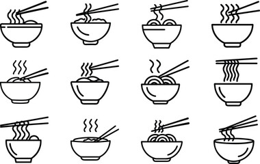 Minimalist Food & Drink Line Art Icon Set – Breakfast, Snacks, Coffee, Pastry, Pizza, Ramen, Wine, Asian Cuisine – Editable Black Outline Vector Bundle for Digital Use
