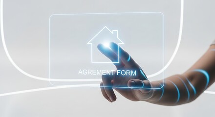 Close up of a businessman in a suit using a laptop computer to apply for a home loan online with a digital interface showing house icon and financial information