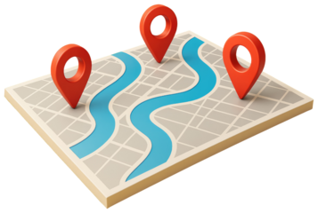 Isometric Map with Three Red Location Pins and a Winding Blue River marker isolated on a transparent background