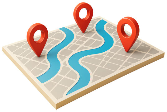 Isometric Map with Three Red Location Pins and a Winding Blue River marker isolated on a transparent background