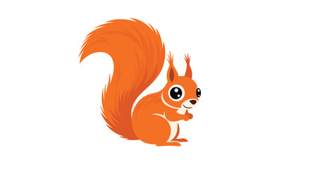 Cute and simple cartoon squirrel with big eyes and a large bushy tail standing on its hind legs on a white background.