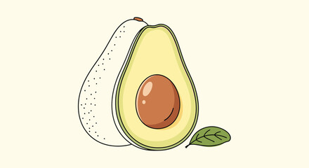 Minimalist illustration of a halved avocado with a seed and a whole one behind it on a light yellow background with a leaf.