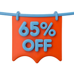 65_ sale Off Banner 3d icon in cartoon plastic style minimal isolated on transparent white background, clipping path