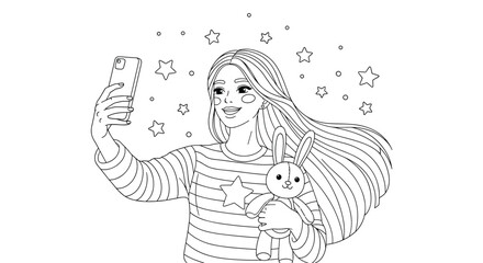 Line art coloring page of a happy young woman with long hair taking a selfie with her phone while holding a toy rabbit.