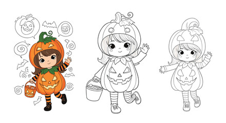 Set of cute girls in pumpkin costumes for Halloween with a colored version and two line art options for coloring pages.