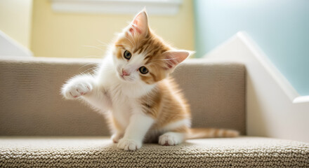 Playful Ginger and White Kitten Sitting on Carpeted Stairs Lifting a Paw