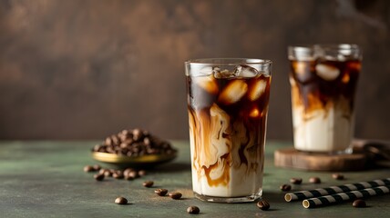 Iced coffee with cream and coffee beans on a table with brown background