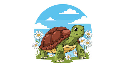 Cute cartoon tortoise walking happily through a field of daisies under a blue sky with fluffy white clouds in a circle frame.