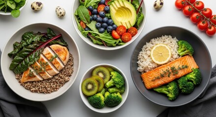 Fresh healthy meals with chicken, salmon, quinoa, rice, colorful salads, fruits, vegetables on white table