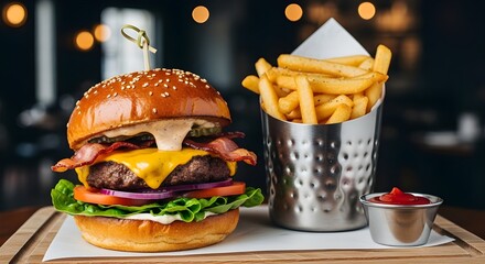 Delicious classic American bacon cheeseburger with golden french fries and ketchup in a restaurant setting