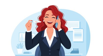 Joyful businesswoman with red hair laughing on the phone in her office while holding up a positive pregnancy test result.