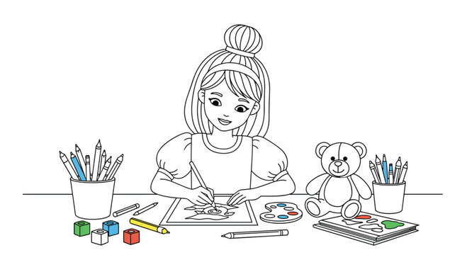 Coloring page of a young girl with a hair bun happily drawing and painting at a desk with art supplies and a teddy bear.