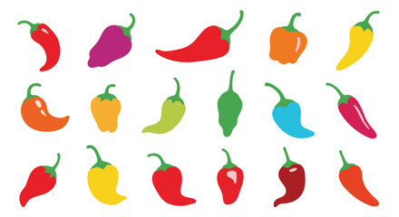 Large set of colorful chili peppers in various shapes and vibrant colors including red yellow green and orange on white.