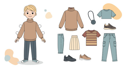 Paper doll game set featuring a cute boy with a variety of stylish casual and modern outfits and shoes for dressing up. © Rohoman