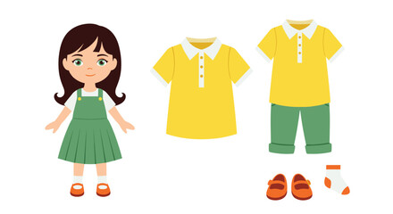 Cute paper doll game with a little girl in a green dress and a set of casual yellow and green outfits for dressing up.