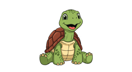 Very cute and happy baby turtle with a brown shell sitting with its legs out and smiling sweetly on a white background.