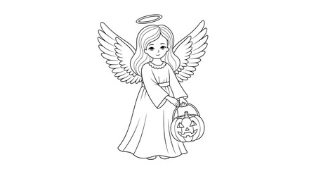 Beautiful angel girl with a halo and large wings holding a jack-o-lantern basket as a Halloween coloring book page.