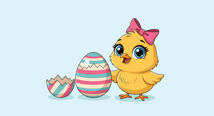 Adorable baby chick with a pink bow happily standing next to a colorful decorated Easter egg that has just hatched.